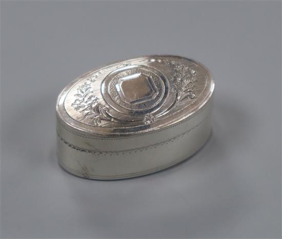 A George III engraved silver oval nutmeg grater by Joseph Wilmore, Birmingham, 1800, (grille hinge damaged), 46mm.